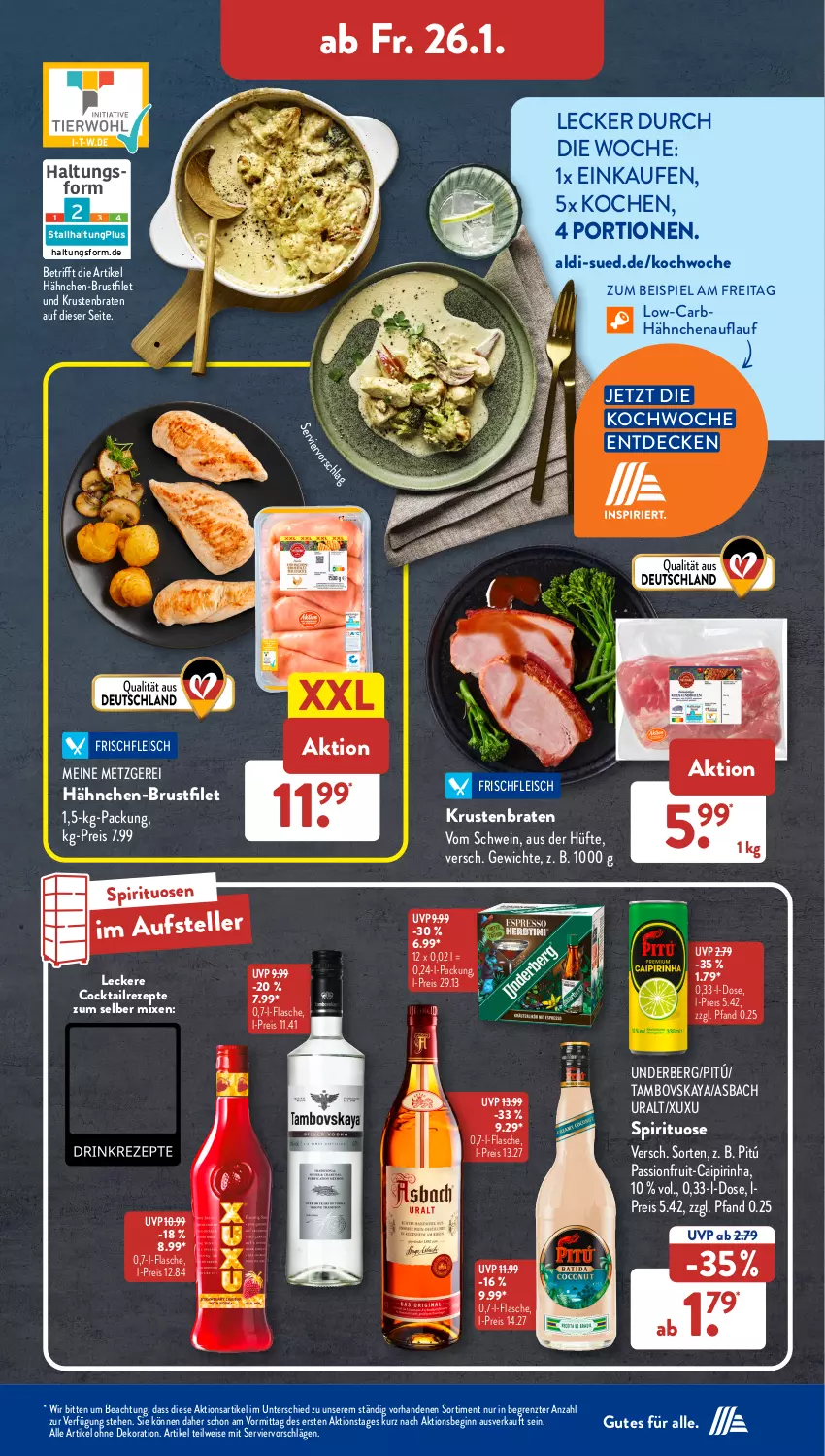 Aktueller Prospekt AldiSud - NÄCHSTE WOCHE - von 22.01 bis 27.01.2024 - strona 30 - produkty: aldi, alle artikel ohne dekoration, asbach uralt, braten, brustfilet, caipirinha, cocktail, decke, dekoration, eis, elle, filet, flasche, fleisch, gin, hähnchen-brustfilet, krustenbraten, reis, rezept, rezepte, schwein, spirituosen, teller, Ti, underberg, wein, ZTE