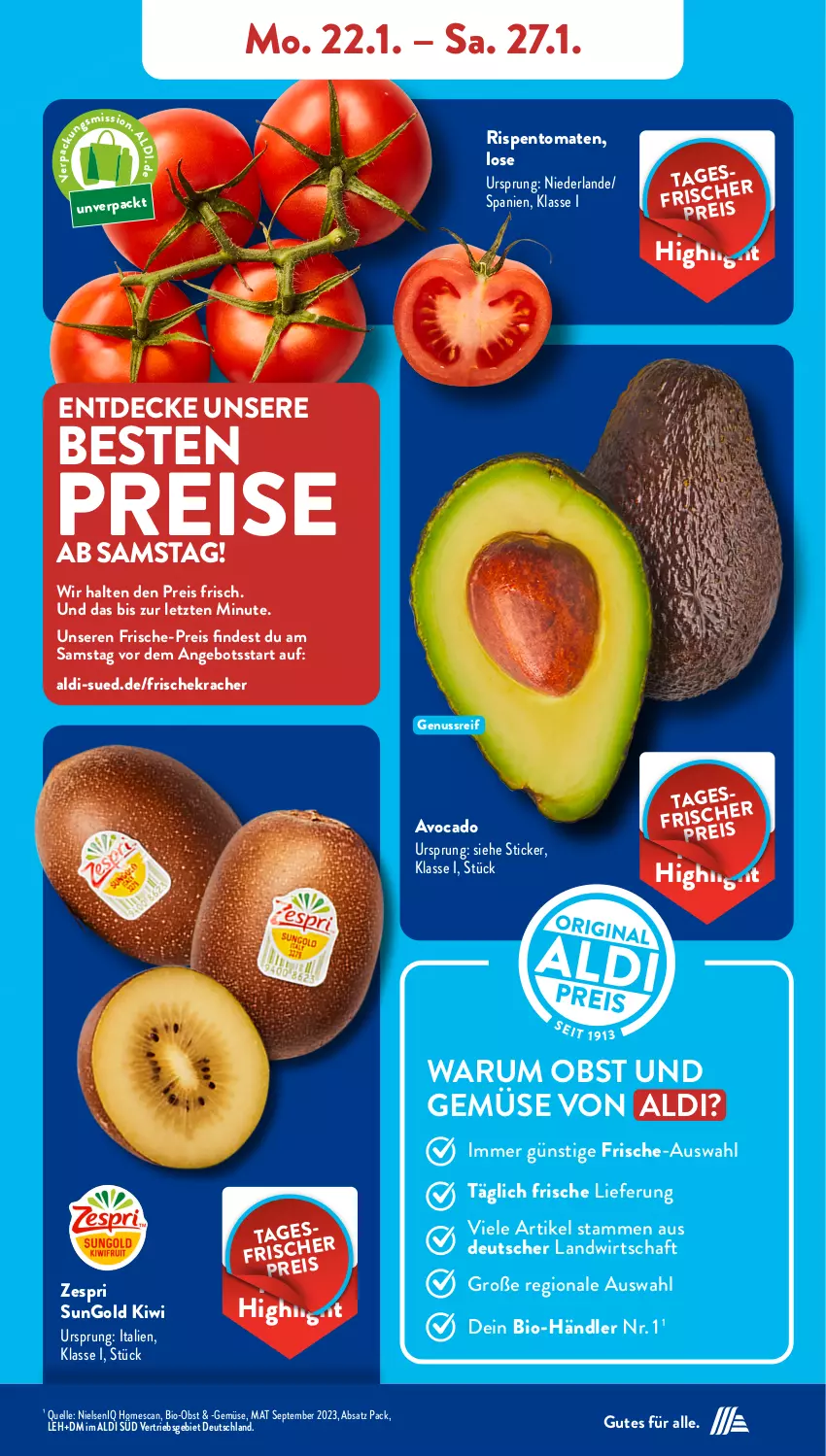 Aktueller Prospekt AldiSud - NÄCHSTE WOCHE - von 22.01 bis 27.01.2024 - strona 5 - produkty: aldi, angebot, avocado, bio, Bio-Obst, decke, eis, elle, kiwi, kracher, nuss, obst, Obst und Gemüse, reis, rispentomaten, rum, Ti, tomate, tomaten, und gemüse, zespri, ZTE