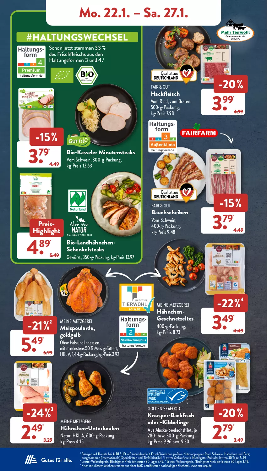 Aktueller Prospekt AldiSud - NÄCHSTE WOCHE - von 22.01 bis 27.01.2024 - strona 6 - produkty: Alaska-Seelachs, Alaska-Seelachsfilet, aldi, backfisch, Bau, bauchscheiben, bio, braten, eis, filet, fisch, fische, Fischer, fleisch, geschnetzeltes, gewürz, gsw, hackfleisch, Hähnchen-Unterkeulen, Hähnchengeschnetzeltes, hähnchenschenkel, henkel, kasseler, lachs, lachsfilet, mais, minutensteaks, natur, pute, reis, rind, schenkel, Schere, schwein, seelachsfilet, Spezi, steak, steaks, Ti, wein, Zelt, ZTE