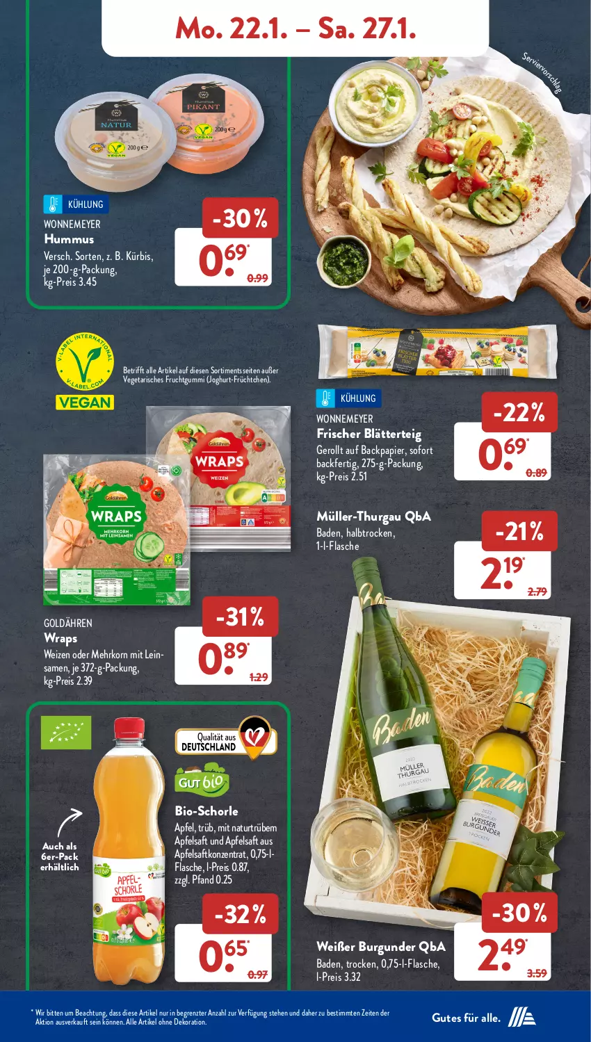 Aktueller Prospekt AldiSud - NÄCHSTE WOCHE - von 22.01 bis 27.01.2024 - strona 9 - produkty: alle artikel ohne dekoration, apfel, apfelsaft, Bad, bio, blätterteig, burgunder, dekoration, eis, flasche, frucht, fruchtgummi, hummus, joghur, joghurt, korn, Kürbis, Müller, Müller-Thurgau, natur, papier, reis, saft, schorle, Ti, Vegeta, wrap, wraps, ZTE