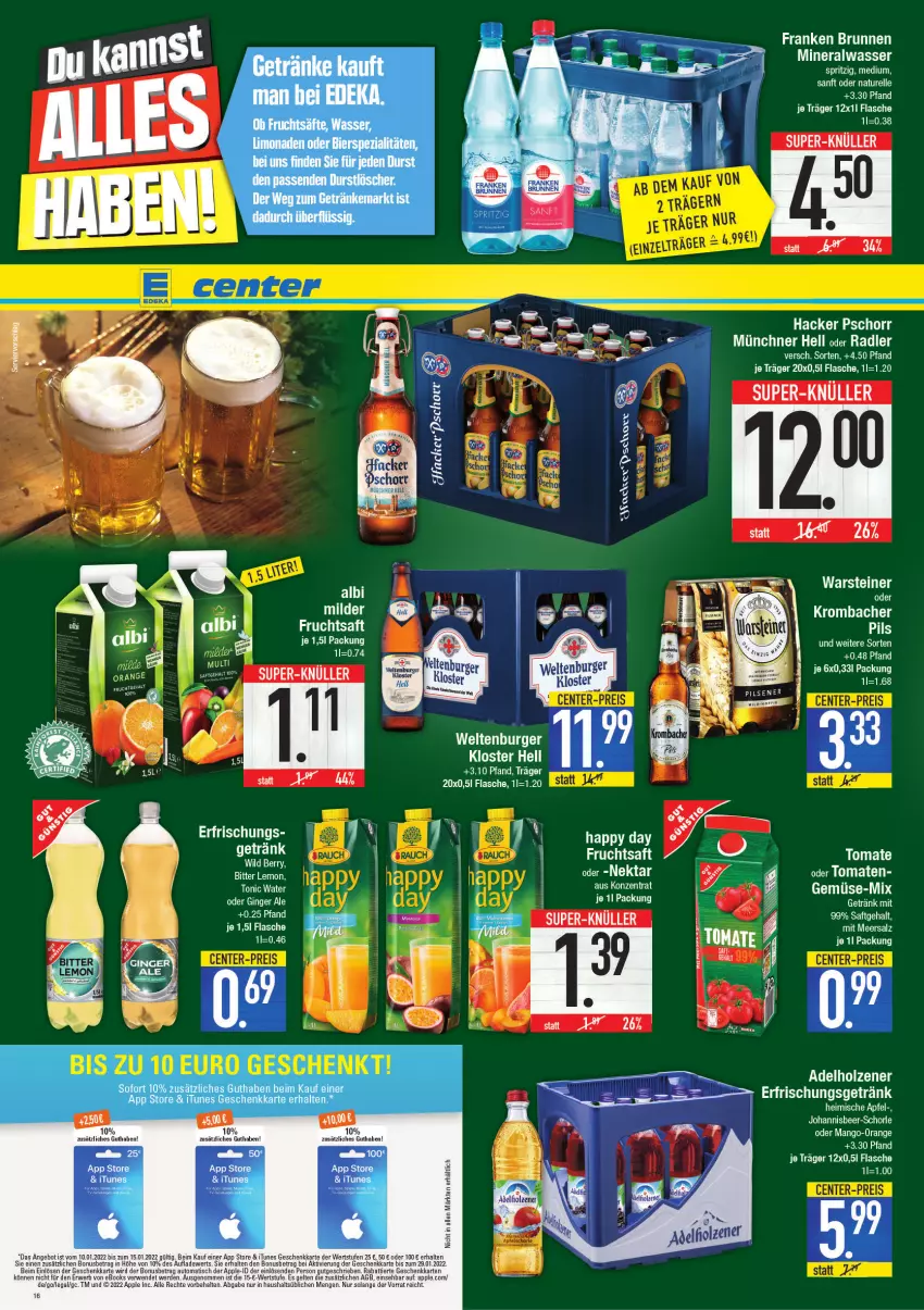 Aktueller Prospekt E Center - Angebote der Woche - von 10.01 bis 15.01.2022 - strona 16 - produkty: bier, bierspezialitäten, durstlöscher, frucht, fruchtsäfte, getränk, getränke, säfte, Spezi, Ti, wasser