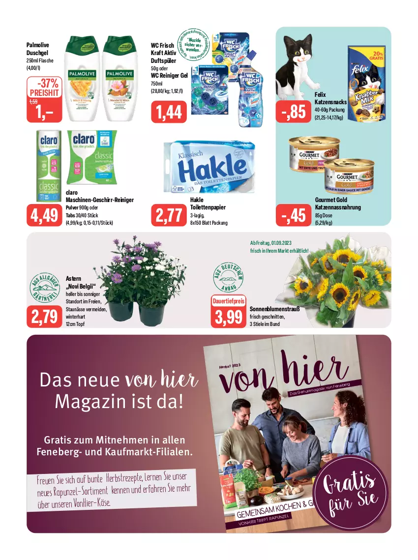 Aktueller Prospekt Feneberg - Prospekte - von 31.08 bis 02.09.2023 - strona 10 - produkty: auer, Bau, bio, blume, blumen, Blumenstrauß, dauertiefpreis, duschgel, eis, elle, felix, flasche, geschirr, gourmet gold, hakle, hakle toilettenpapier, Käse, katzensnack, katzensnacks, kraft, LG, magazin, Nassnahrung, nuss, olive, palmolive, papier, Rauch, reiniger, reiniger gel, reis, rezept, rezepte, rwe, schnitten, snack, snacks, sonnenblume, sonnenblumen, Ti, tiefpreis, toilettenpapier, topf, wc frisch, WC Frisch Kraft Aktiv