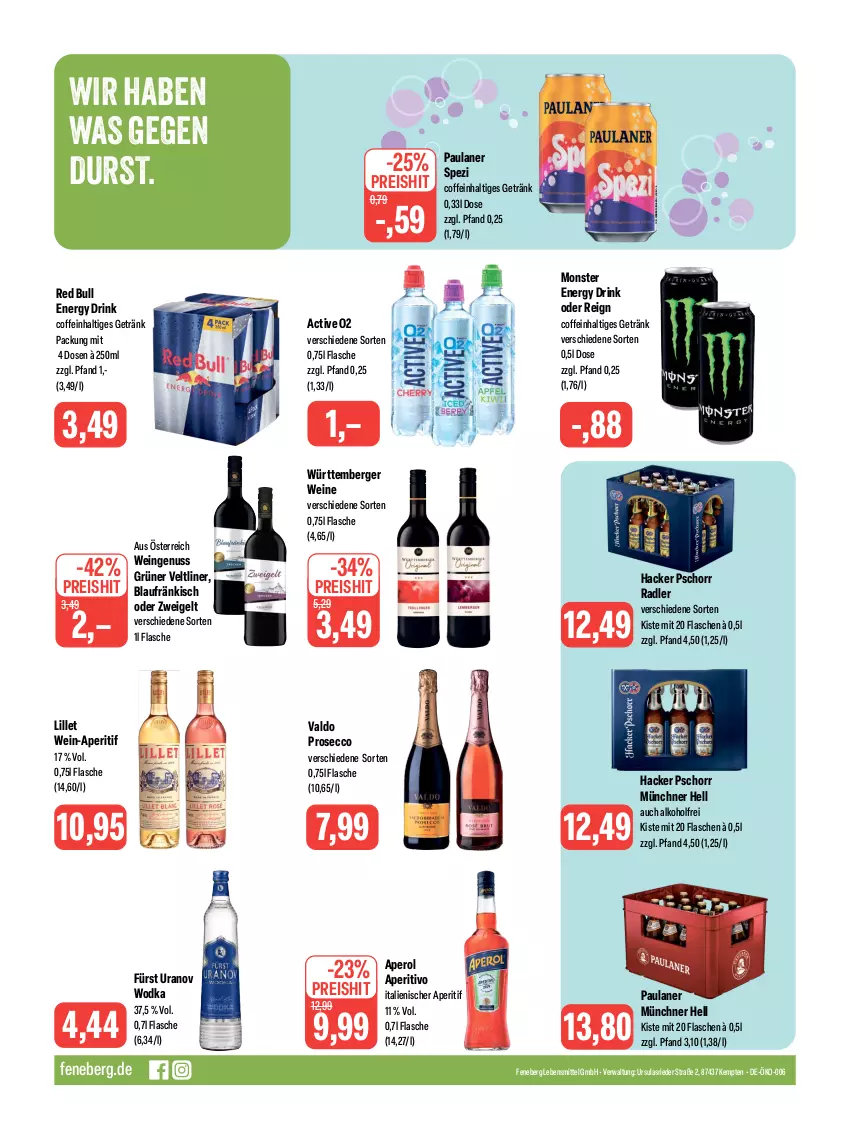 Aktueller Prospekt Feneberg - Prospekte - von 31.08 bis 02.09.2023 - strona 12 - produkty: alkohol, aperitif, aperol, Berger, coffein, drink, ecco, eis, energy drink, flasche, getränk, grüner veltliner, hacker pschorr, lebensmittel, lillet, monster, Monster Energy, nuss, Paula, paulaner, prosecco, radler, red bull, reis, Spezi, Ti, valdo, wein, weine, wodka, Zweigelt