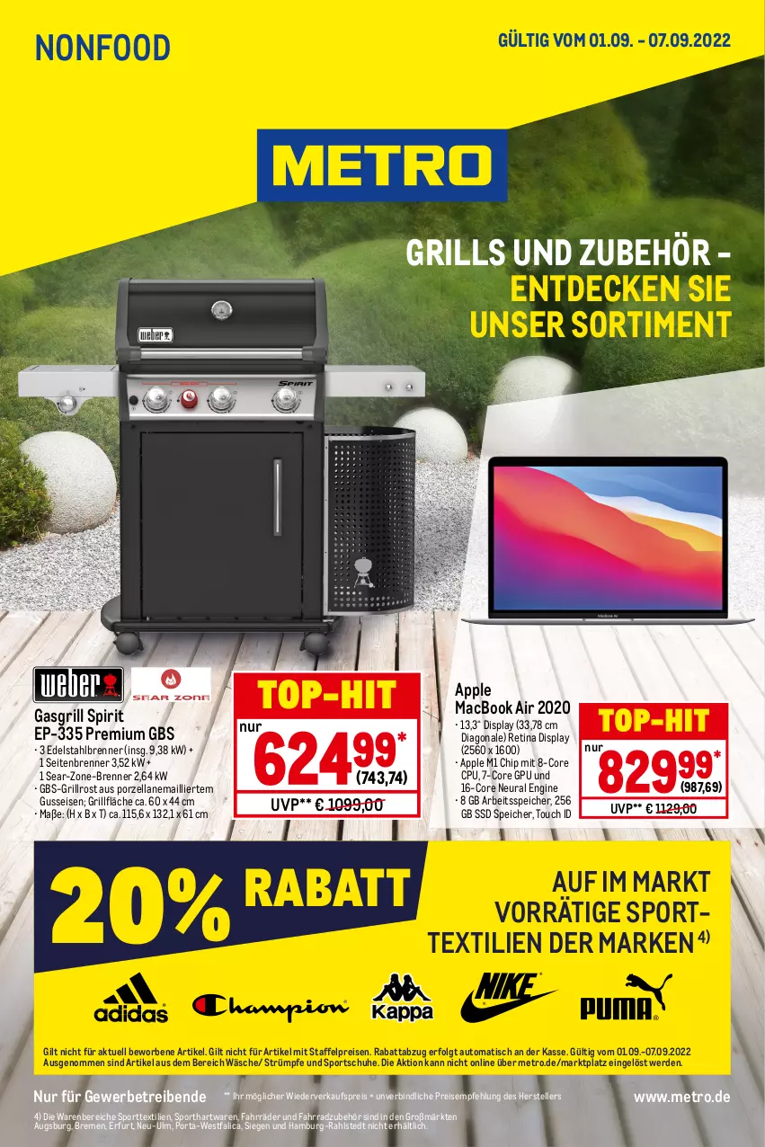 Aktueller Prospekt Metro - NonFood - von 01.09 bis 07.09.2022 - strona 1 - produkty: Apple, auto, decke, edelstahl, eis, elle, erde, Fahrrad, gasgrill, gin, grill, grillfläche, grillrost, Grills und Zubehör, LG, mac, macbook, macbook air, Metro, reis, schuhe, Sport, sportschuhe, ssd, strümpfe, teller, Ti, tisch, top-hit