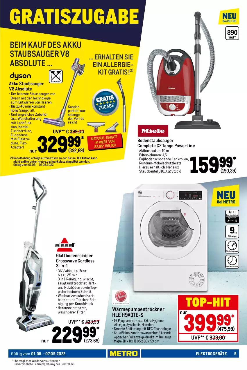 Aktueller Prospekt Metro - NonFood - von 01.09 bis 07.09.2022 - strona 9 - produkty: adapter, akku, Akku-Schlagbohrschrauber, angebot, angebote, aqua, auto, Behälter, beutel, bodenstaubsauger, Bohrschrauber, decke, Dyson, eis, Elektro, elektrogeräte, elle, ente, erde, gefrierfach, gefrierkombination, geschirr, geschirrspüler, hemd, hemden, Holz, kraft, kühlschrank, LG, menalux, Metro, möbel, Mode, natur, natura, reiniger, Reinigung, reis, Schrank, sonderposten, staubbeutel, staubsauger, teller, teppich, teppiche, Ti, tisch, top-hit, Trockner, wandhalterung, wärmepumpentrockner, wasser