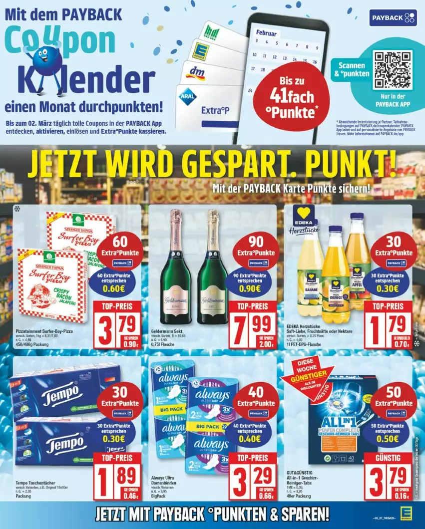 Aktueller Prospekt Edeka - Prospekte - von 03.02 bis 08.02.2025 - strona 7 - produkty: Alwa, Always, angebot, angebote, binden, coupon, coupons, Damenbinden, decke, deka, flasche, frucht, geschirr, HP, payback, Persona, reiniger, Tasche, taschen, taschentücher, Tempo, Ti, tücher