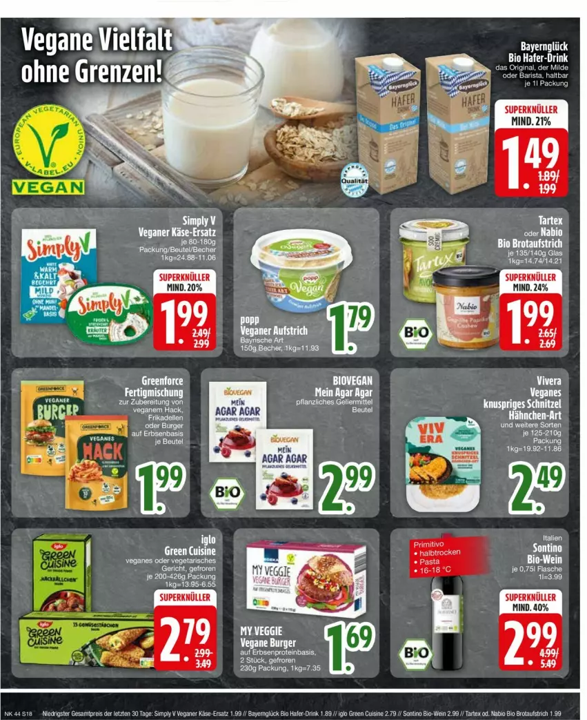 Aktueller Prospekt Edeka - Prospekte - von 28.10 bis 02.11.2024 - strona 20 - produkty: aufstrich, bio, Bio-Wein, brot, brotaufstrich, drink, eis, elle, erbsen, flasche, gin, hafer, iglo, Käse, primitivo, reis, sim, Ti, veggie, wein, ZTE