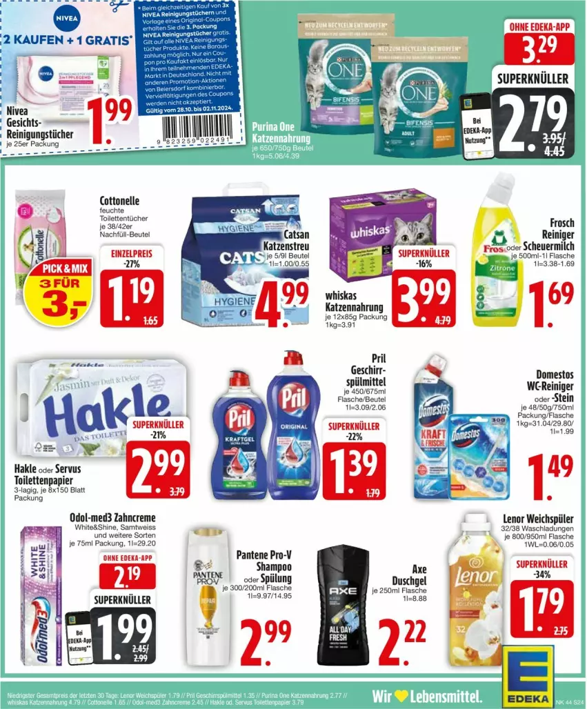 Aktueller Prospekt Edeka - Prospekte - von 28.10 bis 02.11.2024 - strona 26 - produkty: beutel, cottonelle, creme, deka, duschgel, eis, elle, flasche, Frosch, geschirr, hakle, Heu, katzennahrung, lenor, lenor weichspüler, milch, Müller, nivea, Odol, pantene, pantene pro-v, papier, pril, pro-v, reiniger, Reinigung, reinigungstücher, reis, scheuermilch, shampoo, spülmittel, spülung, Ti, toilettenpapier, toilettentücher, tücher, weichspüler, whiskas, zahncreme