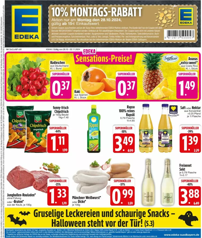 Aktueller Prospekt Edeka - Prospekte - von 28.10 bis 02.11.2024 - strona 3 - produkty: ananas, beutel, braten, chips, chipsfrisch, deka, flasche, freixenet, funny-frisch, jungbullen, Nektar, radieschen, rapso, rouladen, saft, snack, snacks, Ti, Weißwurst, wurst