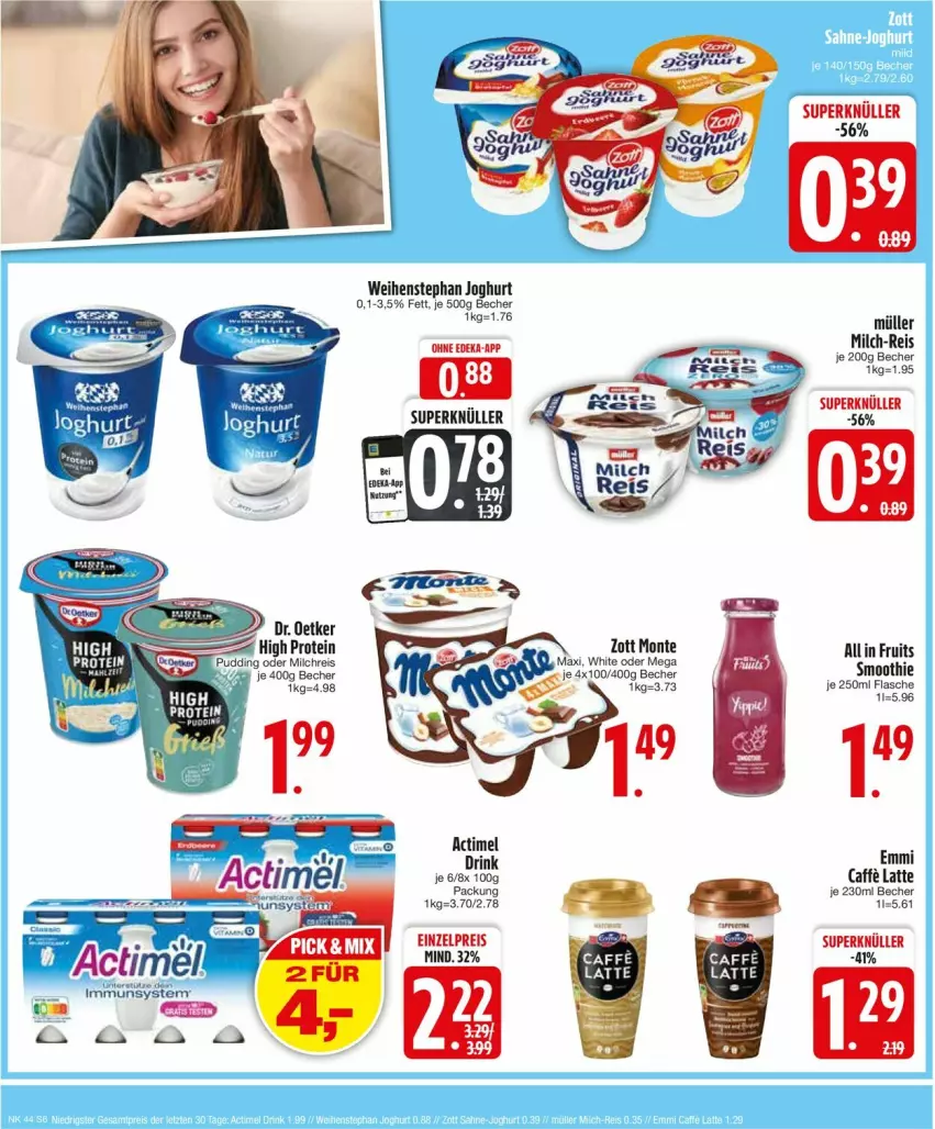 Aktueller Prospekt Edeka - Prospekte - von 28.10 bis 02.11.2024 - strona 8 - produkty: actimel, Becher, caffe, drink, eis, flasche, joghur, joghurt, latte, milch, monte, Müller, reis, Ti, weihenstephan, wein, weine, zott, Zott Monte