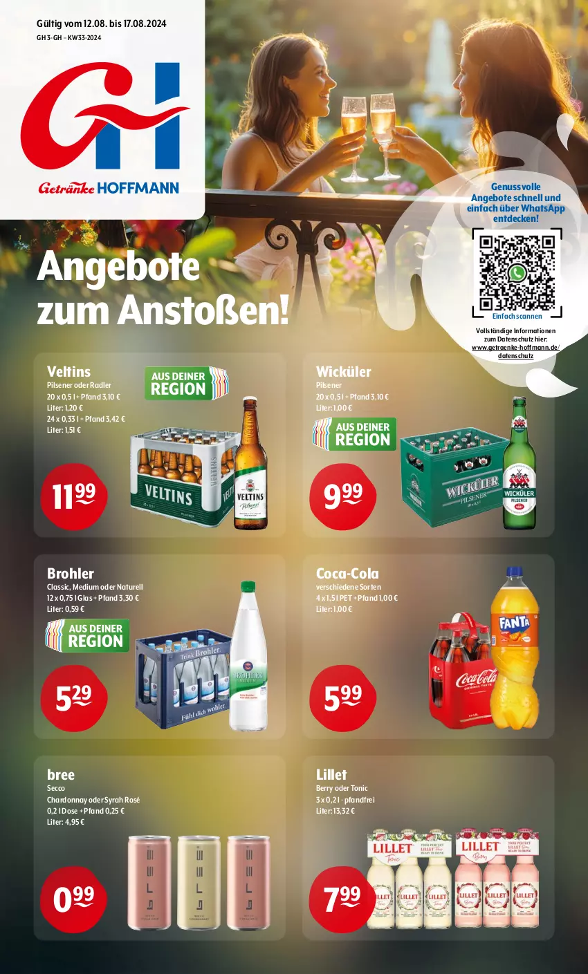 Aktueller Prospekt Getraenke Hoffmann - Prospekte - von 12.08 bis 17.08.2024 - strona 1 - produkty: angebot, angebote, bree, chardonnay, coca-cola, cola, decke, ecco, lillet, natur, nuss, oder radler, pils, pilsener, radler, rel, Ti, tonic, veltins, WICK