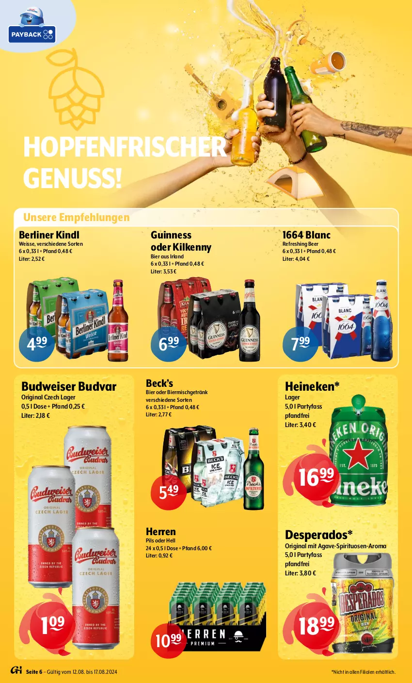 Aktueller Prospekt Getraenke Hoffmann - Prospekte - von 12.08 bis 17.08.2024 - strona 6 - produkty: berliner, berliner kindl, bier, budweiser, desperados, eis, getränk, gin, Guinness, heineken, Kilkenny, nuss, pils, spirituosen, Ti