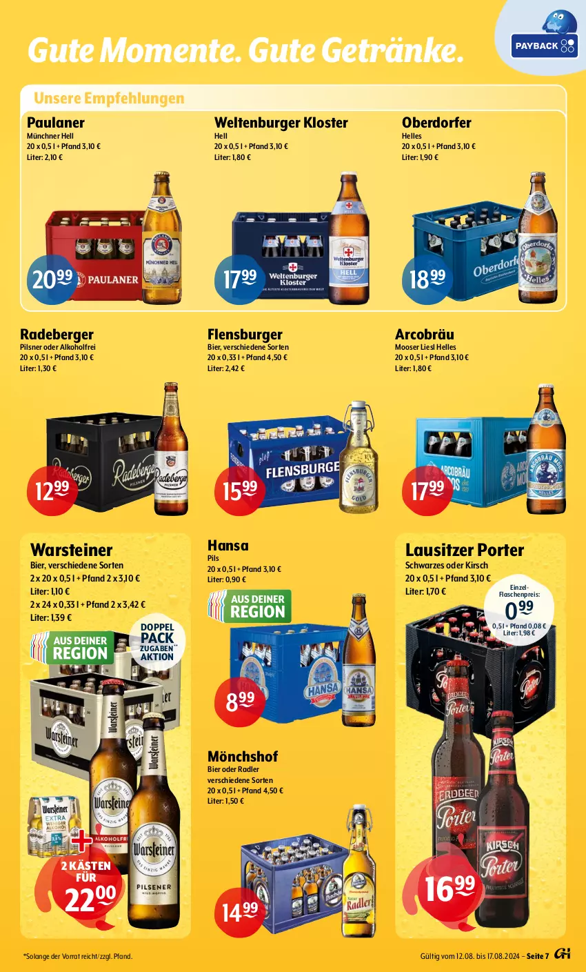 Aktueller Prospekt Getraenke Hoffmann - Prospekte - von 12.08 bis 17.08.2024 - strona 7 - produkty: alkohol, Berger, bier, burger, eis, elle, ente, flasche, flensburger, getränk, getränke, kirsch, mönchshof, oder radler, Paula, paulaner, pils, pilsner, radeberger, radler, reis, steiner, Ti, warsteiner