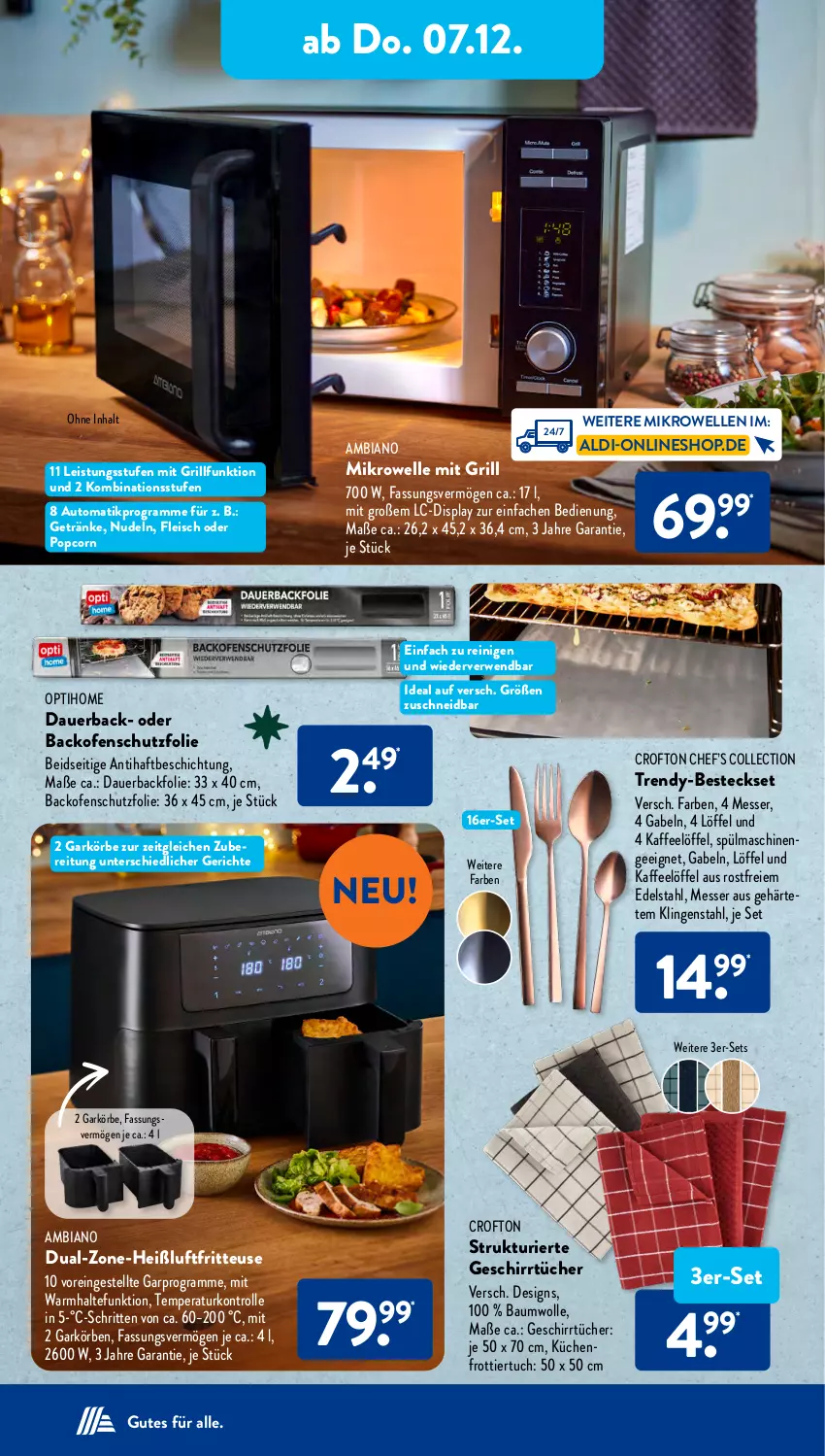 Aktueller Prospekt AldiSud - IN ZWEI WOCHEN - von 04.12 bis 09.12.2023 - strona 16 - produkty: aldi, ambia, auer, auto, Backfolie, backofen, Bau, baumwolle, besteck, besteckset, Crofton, edelstahl, eis, elle, fleisch, fritteuse, gabel, geschirr, geschirrtücher, getränk, getränke, grill, Heißluftfritteuse, kaffee, küche, Küchen, Löffel, messer, mikrowelle, nudel, nudeln, Ofen, popcorn, rwe, spülmaschinen, Ti, tuc, tücher, wolle