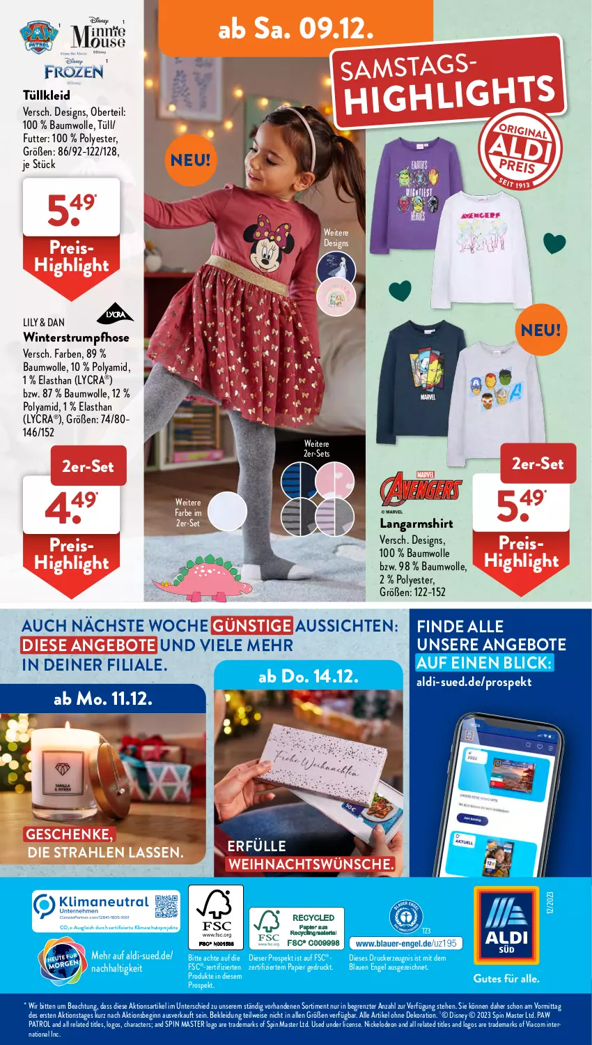 Aktueller Prospekt AldiSud - IN ZWEI WOCHEN - von 04.12 bis 09.12.2023 - strona 38 - produkty: aldi, alle artikel ohne dekoration, angebot, angebote, Bau, baumwolle, dekoration, deo, disney, drucker, eis, Engel, gin, hose, kerze, kleid, Kleidung, Langarmshirt, papier, Paw Patrol, reis, rel, rum, shirt, Strumpfhose, Ti, wolle, ZTE