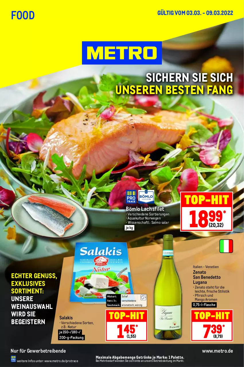 Aktueller Prospekt Metro - Food - von 03.03 bis 09.03.2022 - strona 1 - produkty: aqua, eis, filet, flasche, getränk, getränke, lachs, lachsfilet, mac, mango, Metro, milch, natur, nuss, Palette, pfirsich, rwe, salakis, Ti, tisch, top-hit, wein