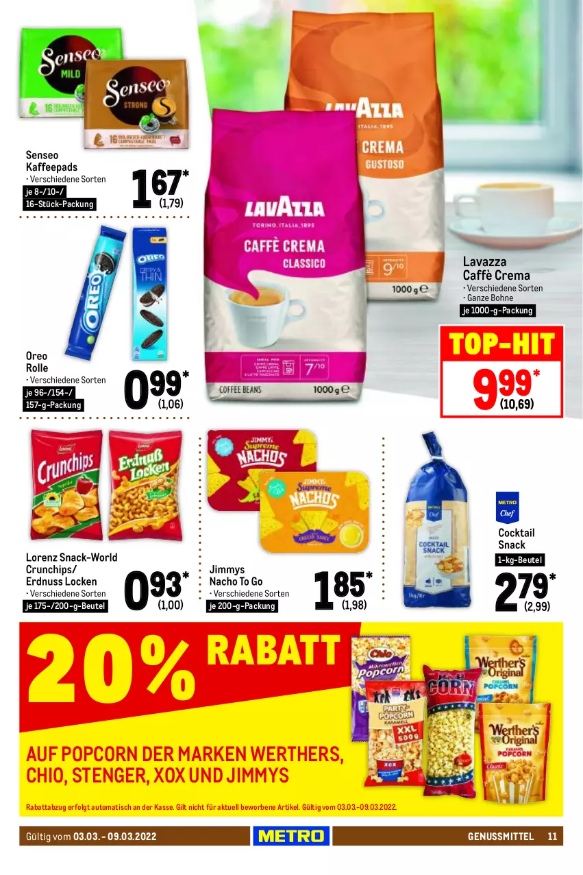 Aktueller Prospekt Metro - Food - von 03.03 bis 09.03.2022 - strona 11 - produkty: auto, beutel, bohne, caffè crema, chips, cocktail, crunchips, erdnuss, kaffee, kaffeepads, lavazza, LG, lorenz, nacho, nuss, oreo, popcorn, senseo, snack, Ti, tisch, top-hit