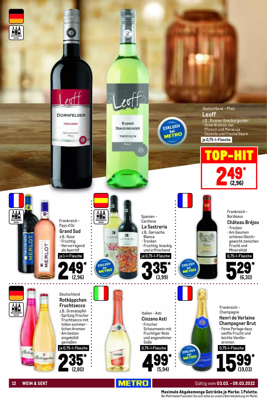 Aktueller Prospekt Metro - Food - von 03.03 bis 09.03.2022 - strona 12 - produkty: aperitif, apfel, asti, brut, burgunder, champagne, champagner, cin, cinzano, Cinzano Asti, ecco, eis, ente, flasche, frucht, fruchtsecco, getränk, getränke, grana, granatapfel, grand sud, grauburgunder, Henri de Verlaine, maracuja, merl, mit frucht, Palette, perla, pfirsich, Rana, Ria, Rivaner, rotkäppchen, sekt, Ti, top-hit, vanille, wein