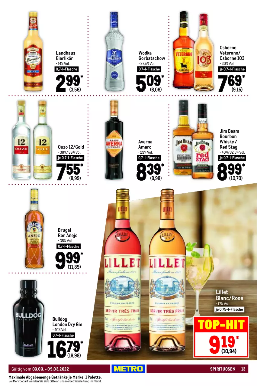 Aktueller Prospekt Metro - Food - von 03.03 bis 09.03.2022 - strona 13 - produkty: amaro, averna, bourbon, Bulldog, dry gin, eier, eierlikör, flasche, getränk, getränke, gin, Gorbatschow, jim beam, likör, lillet, london dry, london dry gin, osborne, ouzo, ouzo 12, Palette, spirituosen, Ti, top-hit, veterano, whisky, wodka