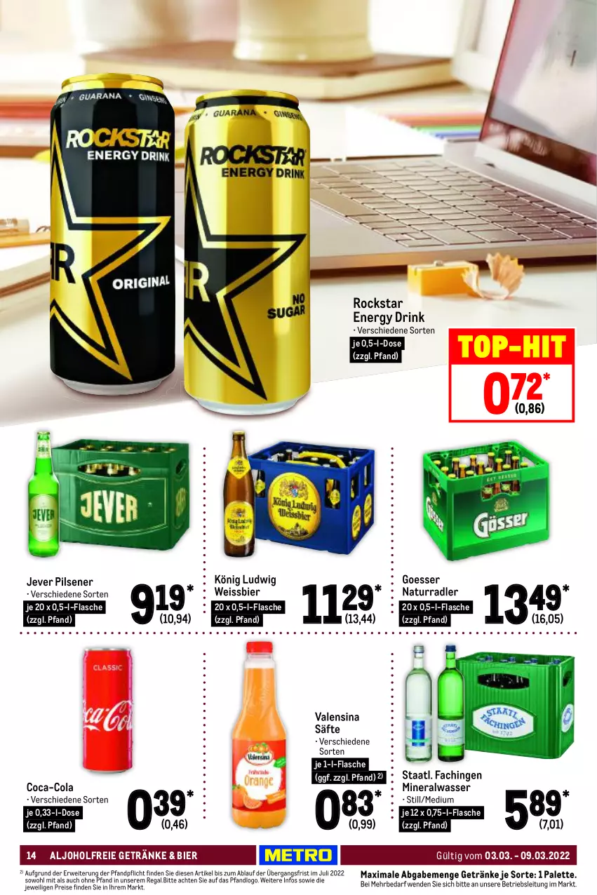 Aktueller Prospekt Metro - Food - von 03.03 bis 09.03.2022 - strona 14 - produkty: Alwa, bier, coca-cola, cola, drink, eis, energy drink, flasche, getränk, getränke, jever, jever pilsener, mineralwasser, natur, Palette, pils, pilsener, radler, regal, reis, Rockstar, rwe, säfte, Staatl. Fachingen, Ti, top-hit, valensina, wasser, weissbier