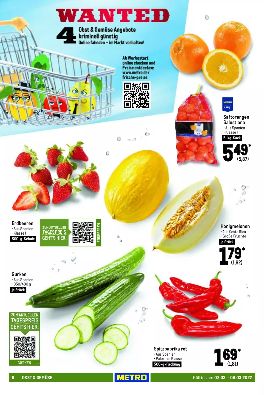 Aktueller Prospekt Metro - Food - von 03.03 bis 09.03.2022 - strona 6 - produkty: beere, beeren, eis, elle, erdbeere, erdbeeren, früchte, gurke, gurken, honig, honigmelone, honigmelonen, Lusti, melone, melonen, obst, orange, orangen, paprika, paprika rot, reis, sac, saft, Saftorangen, Salus, Schal, Schale, Spitzpaprika, Ti