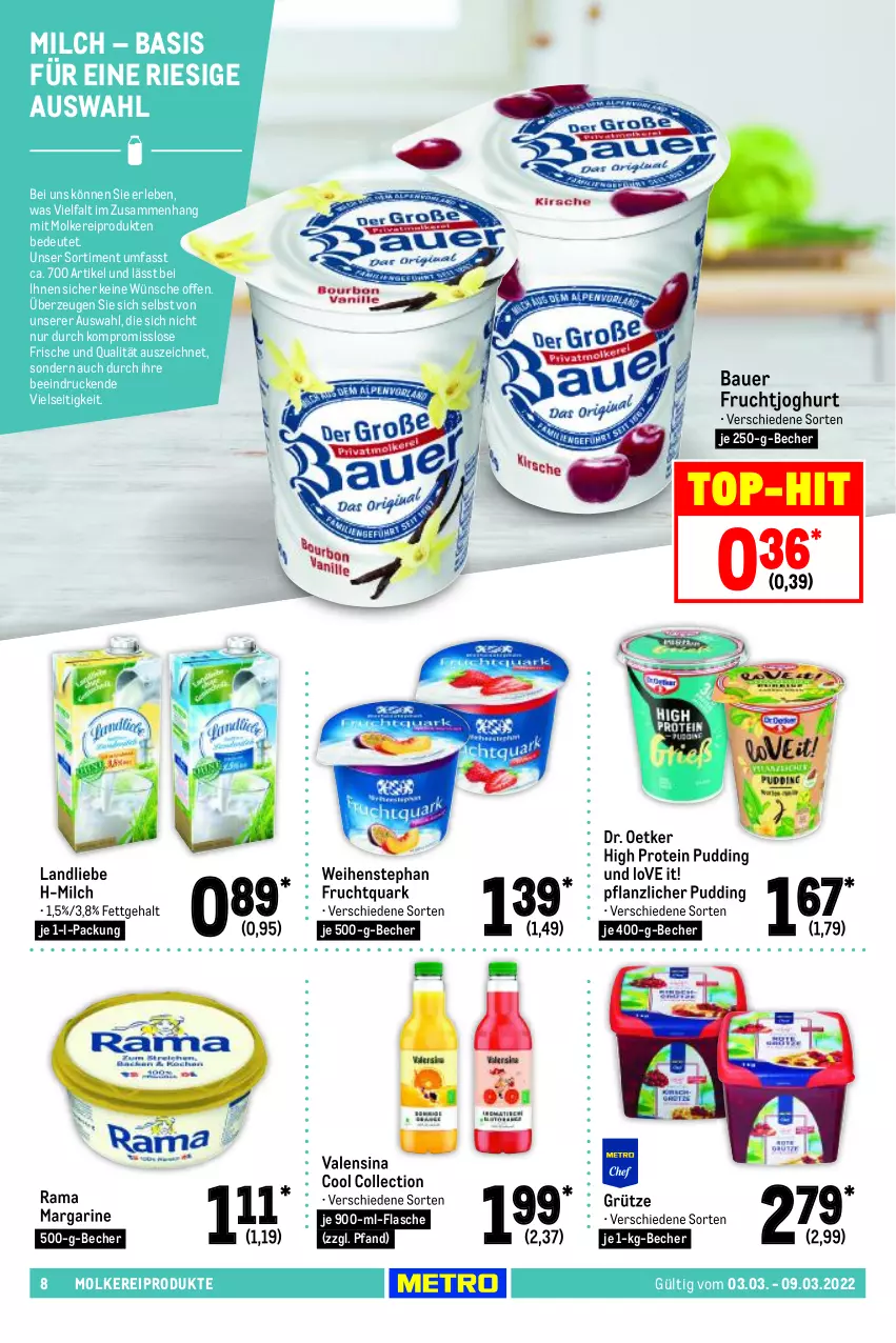 Aktueller Prospekt Metro - Food - von 03.03 bis 09.03.2022 - strona 8 - produkty: auer, Bau, Bauer, Becher, Dr. Oetker, flasche, frucht, fruchtjoghurt, Fruchtquark, grütze, joghur, joghurt, landliebe, margarine, milch, molkereiprodukte, pudding, quark, rama, Ti, top-hit, valensina, weihenstephan