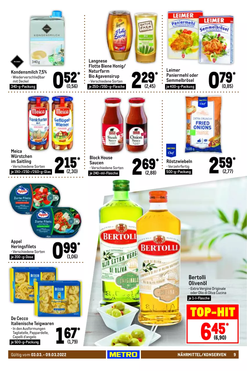 Aktueller Prospekt Metro - Food - von 03.03 bis 09.03.2022 - strona 9 - produkty: agaven, bertolli, bio, Cap, cin, De Cecco, decke, Deckel, dell, di oliva, ecco, eimer, elle, filet, filets, flasche, gin, hering, Herings, heringsfilets, honig, kondensmilch, Konserven, langnese, leimer, mehl, meica, milch, natur, olive, oliven, olivenöl, Paniermehl, ring, röstzwiebeln, sauce, saucen, Semmel, Semmelbrösel, sirup, tagliatelle, teigwaren, Ti, top-hit, würstchen, zwiebel, zwiebeln