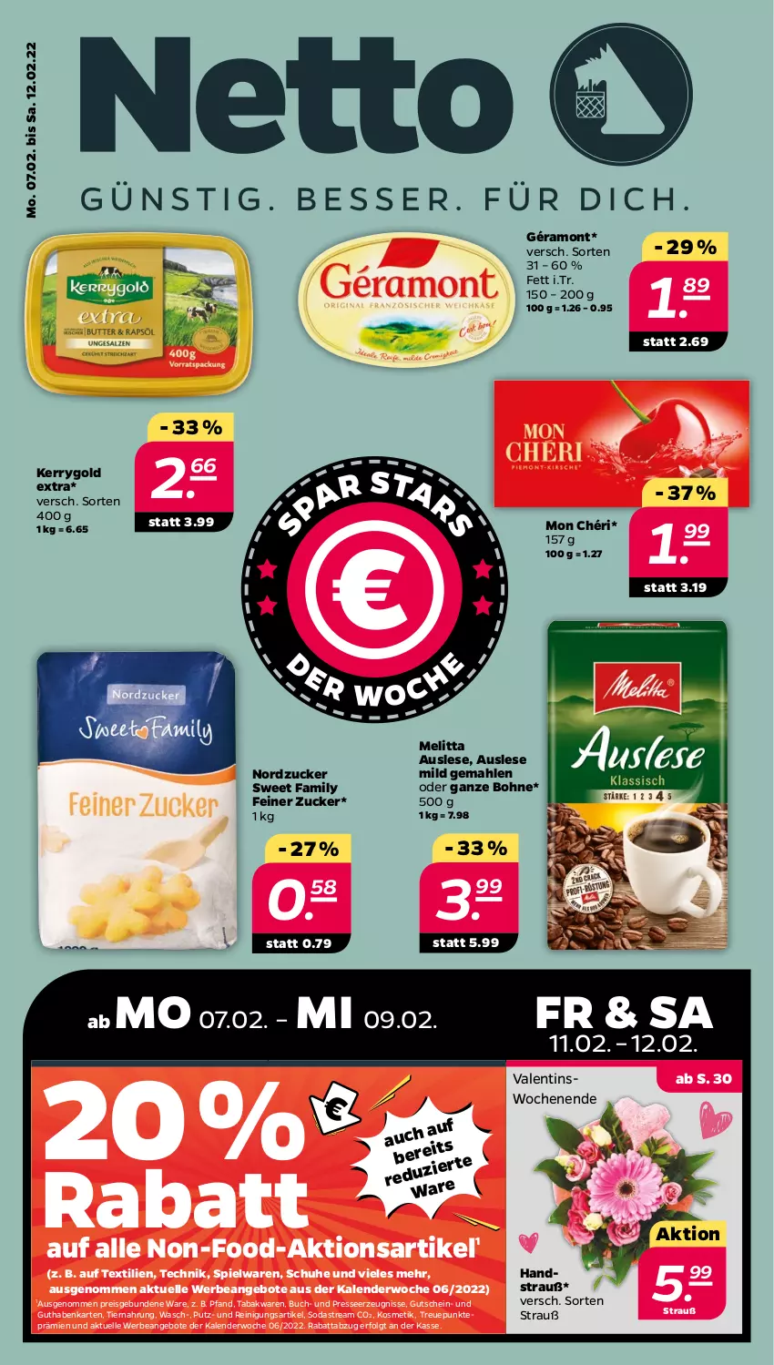 Aktueller Prospekt Netto - Angebote ab Montag - von 07.02 bis 12.02.2022 - strona 1 - produkty: angebot, angebote, bohne, buch, eis, elle, géramont, guthabenkarte, gutschein, kerrygold, kerrygold extra, kosmetik, LG, melitta, Mon Chéri, nordzucker, Reinigung, reis, schuhe, Soda, sodastream, spielwaren, Sweet Family, Ti, tiernahrung, zucker