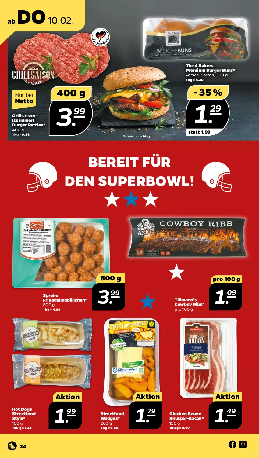 Aktueller Prospekt Netto - Angebote ab Montag - von 07.02 bis 12.02.2022 - strona 24 - produkty: bacon, burger, burger buns, dell, elle, frikadellen, grill, hot dog, Ti, wedges