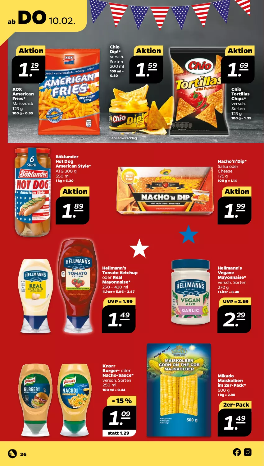 Aktueller Prospekt Netto - Angebote ab Montag - von 07.02 bis 12.02.2022 - strona 26 - produkty: böklunder, burger, chips, dip, hot dog, ketchup, knorr, mais, mayonnaise, mikado, nacho, Salsa, sauce, snack, Ti, tomato ketchup, tortilla, tortillas, Yo