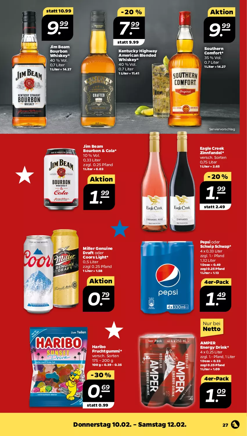 Aktueller Prospekt Netto - Angebote ab Montag - von 07.02 bis 12.02.2022 - strona 27 - produkty: bourbon, bourbon whiskey, cola, drink, energy drink, frucht, fruchtgummi, haribo, jim beam, pepsi, Schwip Schwap, Southern Comfort, Ti, tuc, whiskey