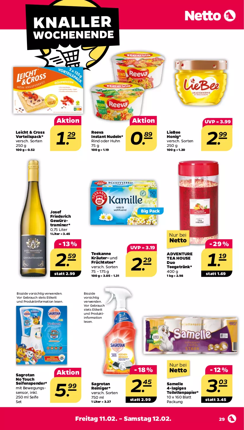 Aktueller Prospekt Netto - Angebote ab Montag - von 07.02 bis 12.02.2022 - strona 29 - produkty: Bewegungssensor, bio, elle, früchte, Früchtetee, getränk, gewürz, honig, kräuter, nudel, nudeln, papier, Rauch, reiniger, rind, rwe, sagrotan, Seife, seifenspender, tee, teekanne, Ti, toilettenpapier