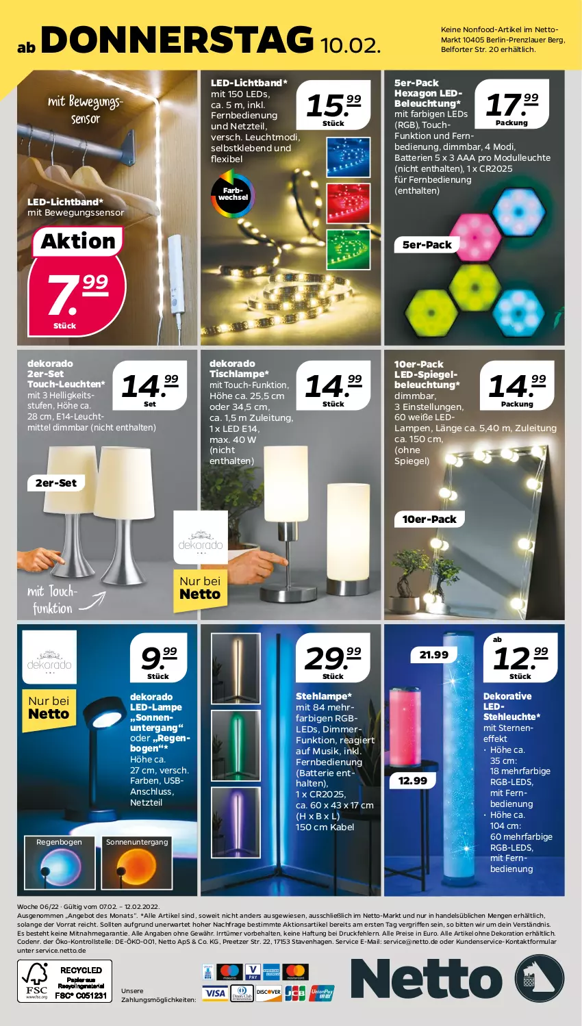 Aktueller Prospekt Netto - Angebote ab Montag - von 07.02 bis 12.02.2022 - strona 32 - produkty: alle artikel ohne dekoration, angebot, auer, batterie, batterien, beleuchtung, Bewegungssensor, dekoration, dimmer, eis, elle, fernbedienung, Lampe, led-licht, leds, Leuchte, leuchten, leuchtmittel, mit fernbedienung, reis, spiegel, Stehlampe, stehleuchte, Ti, tisch, Tischlampe, usb, ZTE