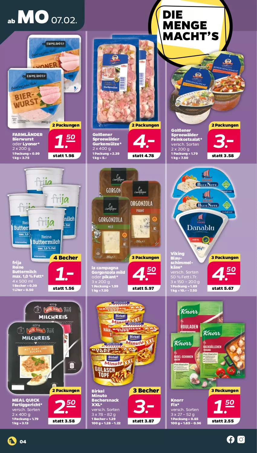 Aktueller Prospekt Netto - Angebote ab Montag - von 07.02 bis 12.02.2022 - strona 4 - produkty: Becher, bier, birkel, butter, buttermilch, feinkost, fertiggericht, gorgonzola, gurke, gurken, Käse, knorr, knorr fix, lyoner, milch, reine buttermilch, salat, snack, spreewälder, Ti, wurst, Yo