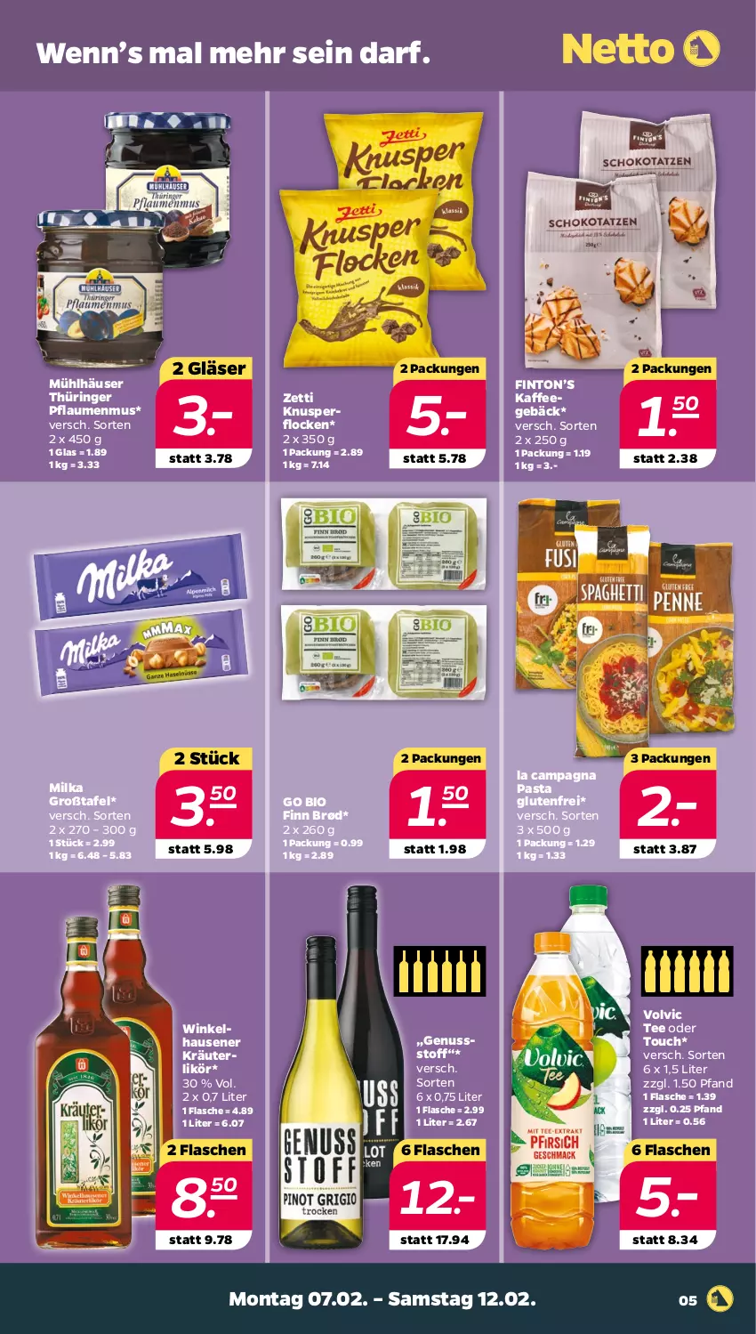 Aktueller Prospekt Netto - Angebote ab Montag - von 07.02 bis 12.02.2022 - strona 5 - produkty: bio, flasche, Gläser, kaffee, kräuter, kräuterlikör, likör, milka, mühlhäuser, nuss, pasta, pflaume, pflaumen, pflaumenmus, ring, tee, Ti, volvic, winkelhausen