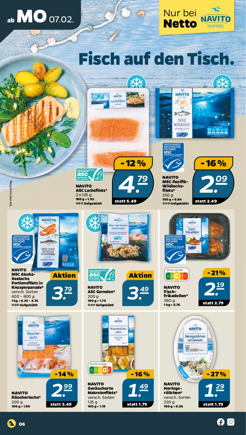 Aktueller Prospekt Netto - Angebote ab Montag - von 07.02 bis 12.02.2022 - strona 6 - produkty: dell, elle, filet, filets, fisch, frikadellen, garnelen, hering, Herings, lachs, lachsfilet, lachsfilets, Makrele, Makrelenfilets, Räucherlachs, rel, ring, Ti, tisch, Wild, wildlachs