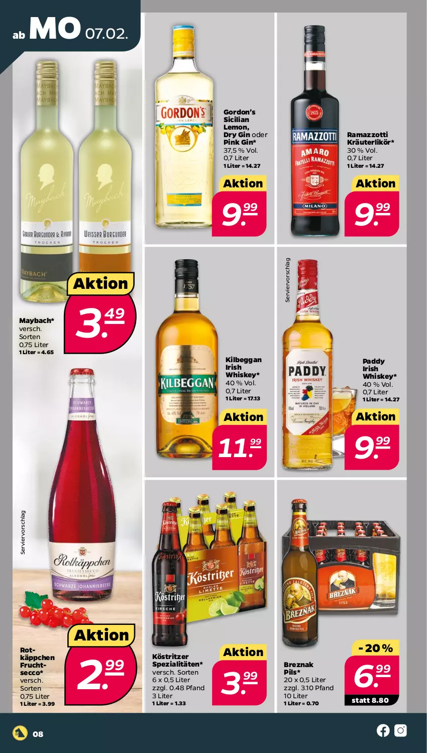 Aktueller Prospekt Netto - Angebote ab Montag - von 07.02 bis 12.02.2022 - strona 8 - produkty: dry gin, ecco, frucht, fruchtsecco, gin, gordon, Gordon’s, irish whiskey, kilbeggan, köstritzer, kräuter, kräuterlikör, likör, maybach, pils, rama, ramazzott, ramazzotti, Spezi, Ti, whiskey, zott