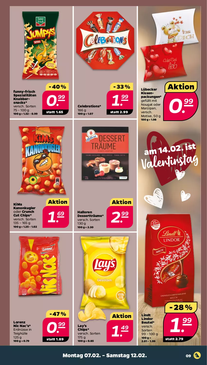 Aktueller Prospekt Netto - Angebote ab Montag - von 07.02 bis 12.02.2022 - strona 9 - produkty: beutel, chips, dessert, erdnüsse, funny-frisch, kissen, KnabberSnack, lindor, lindt, lorenz, Lübecker, marzipan, snack, snacks, Spezi, Ti