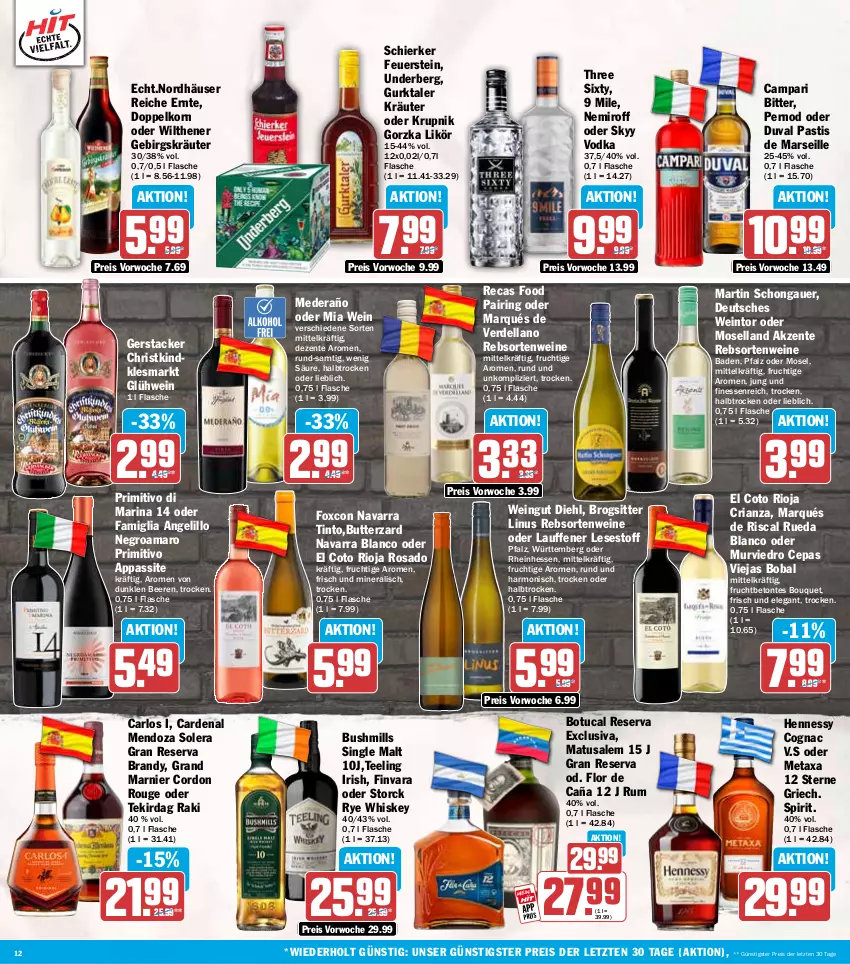 Aktueller Prospekt Hit - Wochenprospekt - von 17.11 bis 22.11.2025 - strona 12 - produkty: amaro, arlo, asti, auer, Bad, beere, beeren, butter, campari, Cognac, dell, doppelkorn, eis, ente, erde, finesse, flasche, frucht, Glühwein, Gurktaler, korn, kräuter, likör, mars, Matusalem, Metaxa, moselland, ndk, primitivo, rebsortenweine, reis, Ria, ring, rioja, rouge, rum, single malt, skyy, Skyy Vodka, storck, tee, Three Sixty, Ti, tuc, underberg, vodka, wein, weine, whiskey, wilthener, ZTE