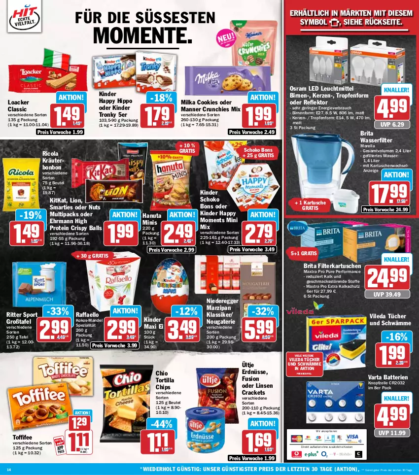 Aktueller Prospekt Hit - Wochenprospekt - von 17.11 bis 22.11.2025 - strona 14 - produkty: ball, batterie, batterien, beutel, Birnen, brita, chips, cola, cookie, cookies, Egger, ehrmann, eis, Elan, elle, ente, erdnüsse, filterkartuschen, hanuta, hipp, kerze, Kinder, Kinder Maxi, kitkat, kokos, kräuter, leuchtmittel, linsen, lion, mac, mandel, Manner, marzipan, Maxtra, milka, Osram, raffaello, Rauch, reis, rel, Ricola, ring, ritter, ritter sport, schoko, smarties, Spezi, Sport, Ti, Tiere, toffifee, tortilla, Tortilla Chips, tücher, ültje, ültje erdnüsse, varta, vileda, wasser, wasserfilter, ZTE