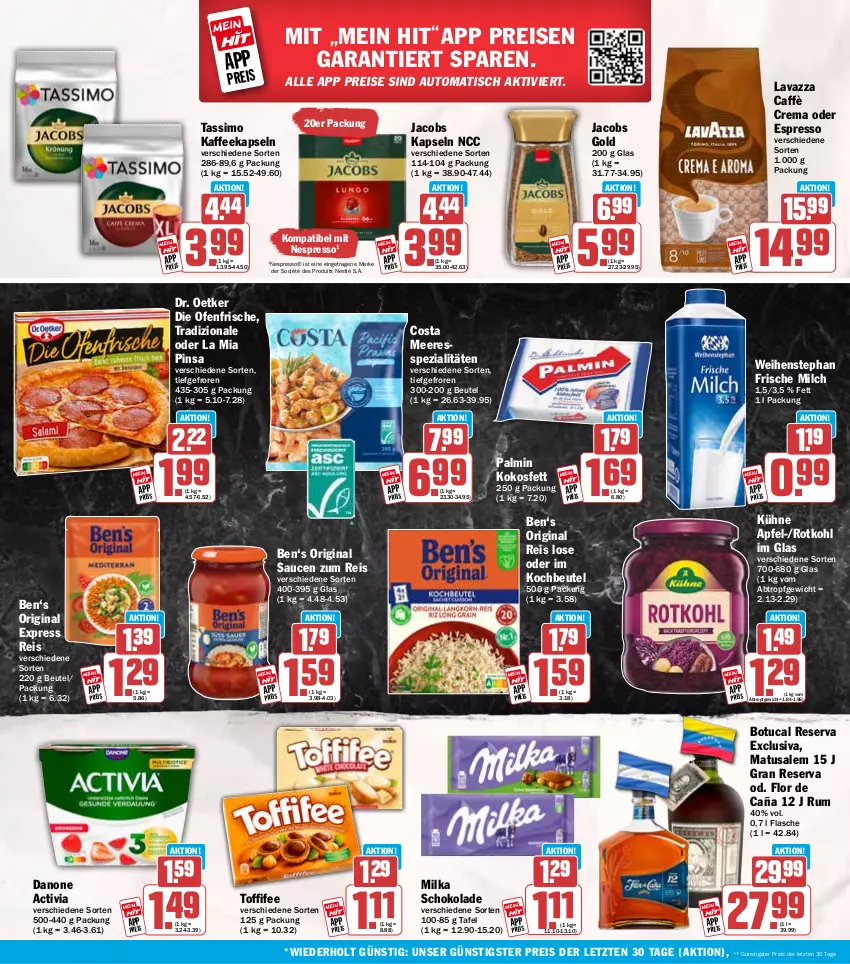Aktueller Prospekt Hit - Wochenprospekt - von 17.11 bis 22.11.2025 - strona 18 - produkty: activia, apfel, auto, beutel, caffè crema, danone, danone activia, die ofenfrische, Dr. Oetker, eis, espresso, flasche, frische milch, gin, jacobs, Jacobs Gold, kaffee, kaffeekapseln, kochbeutel, kokos, Kokosfett, Kühne, lavazza, Matusalem, milch, milka, milka schokolade, nespresso, nestlé, oder espresso, Ofen, reis, rotkohl, rum, sauce, saucen, schoko, schokolade, sim, Spezi, tassimo, Ti, tisch, toffifee, tradizionale, tuc, weihenstephan, ZTE