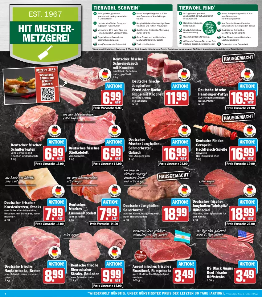 Aktueller Prospekt Hit - Wochenprospekt - von 17.11 bis 22.11.2025 - strona 4 - produkty: auer, Bau, Bauer, beef, bio, braten, Brühe, burger, cevapcici, decke, Deckel, eis, ente, fleisch, Geflügel, gewürz, gulasch, hackfleisch, hamburger, hüftsteak, hüftsteaks, jungbullen, kotelett, krustenbraten, lack, mais, Meister, monitor, Nackensteak, nackensteaks, natur, nudel, nudeln, pfeffer, pute, reis, Ria, rind, rinder, rinderhackfleisch, rindfleisch, ring, roastbeef, rouladen, rum, rumpsteak, Schal, Schale, schmorbraten, schwein, schweine, Schweinebauch, schweinerücken, Spezi, Sport, steak, steaks, tafelspitz, Ti, Tiere, tisch, wein, weine, ZTE