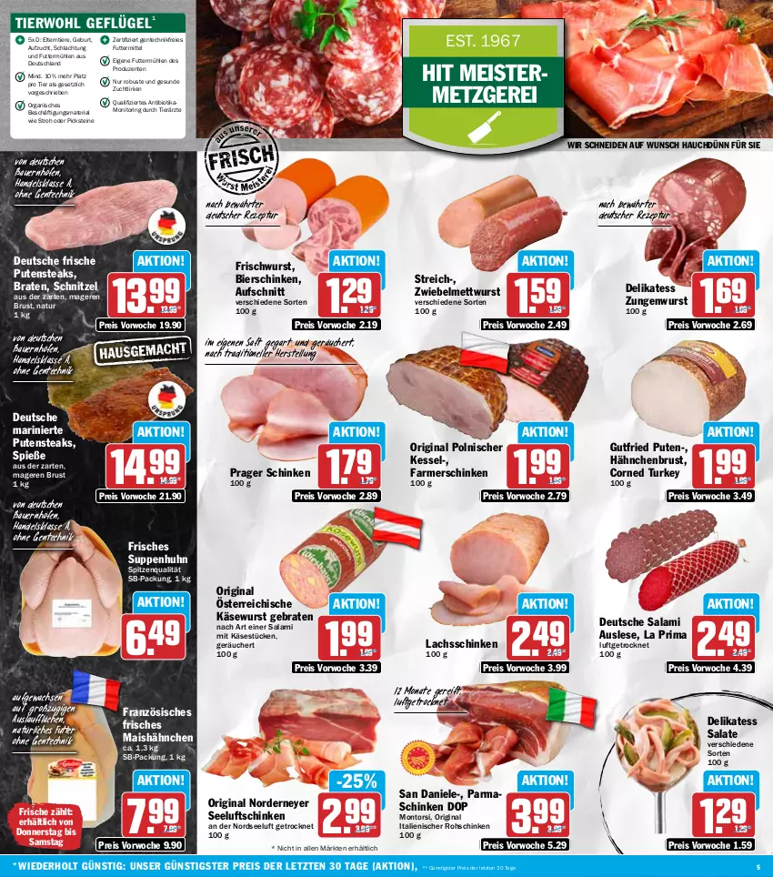 Aktueller Prospekt Hit - Wochenprospekt - von 17.11 bis 22.11.2025 - strona 5 - produkty: auer, aufschnitt, Bau, Bauer, bier, bierschinken, bio, braten, eis, elle, ente, farmerschinken, Geflügel, gin, gutfried, hähnchenbrust, Käse, Käsewurst, lachs, lachsschinken, mais, Meister, Mett, mettwurst, monitor, montorsi, natur, Nordsee, parmaschinken, pute, putensteaks, reis, rezept, Ria, ring, rohschinken, saft, salami, salat, salate, schinken, schnitzel, Seeluftschinken, spitzenqualität, steak, steaks, suppe, suppen, Suppenhuhn, Ti, Tiere, wurst, ZTE, zwiebel, zwiebelmettwurst