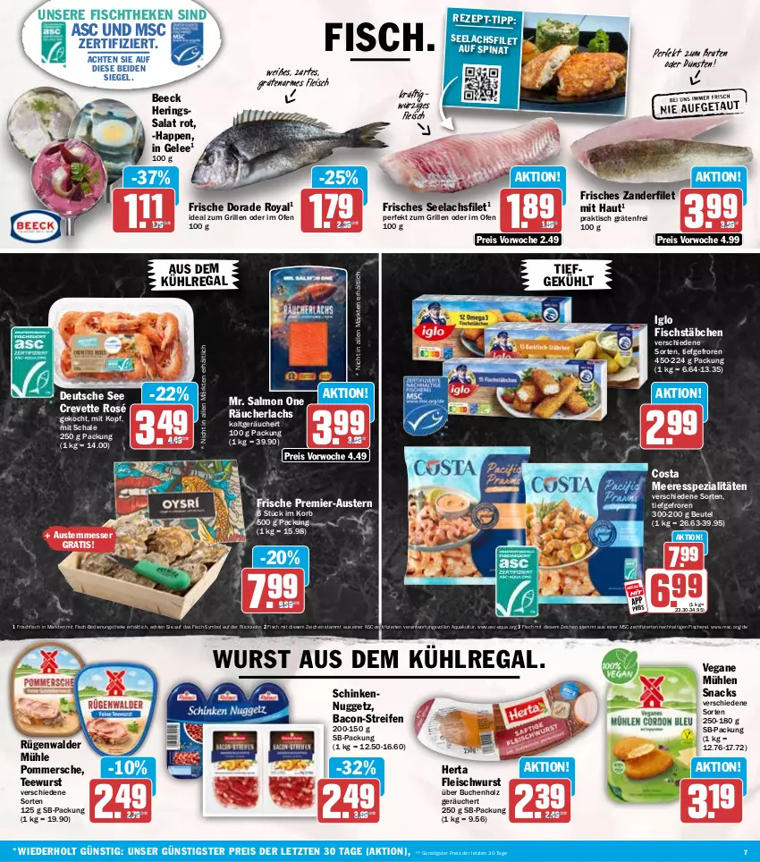 Aktueller Prospekt Hit - Wochenprospekt - von 17.11 bis 22.11.2025 - strona 7 - produkty: aqua, aus dem kühlregal, aust, Austern, bacon, beutel, braten, buch, Dorade, dorade royal, eis, filet, fisch, fische, Fischer, fischstäbchen, fischtheke, fleisch, fleischwurst, frischfisch, gelee, grill, hering, Herings, herta, Holz, ideal zum grillen, iglo, korb, kühlregal, lachs, lachsfilet, messer, Ofen, Pommersche, Räucherlachs, regal, reifen, reis, ring, rügenwalder, rügenwalder mühle, salat, Schal, Schale, Schere, schinken, seelachsfilet, snack, snacks, Spezi, spinat, tee, teewurst, Ti, tisch, wurst, Zander, ZTE