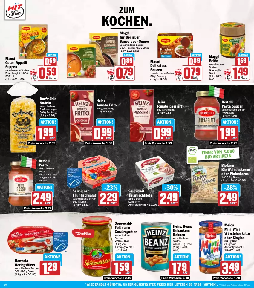 Aktueller Prospekt Hit - Wochenprospekt - von 21.07 bis 26.07.2025 - strona 10 - produkty: beanz, bertolli, beutel, bio, bohne, bohnen, Brühe, delikatess sauce, eis, filet, filets, fisch, geback, gewürz, Gewürzgurke, gewürzgurken, gurke, gurken, hawesta, heinz, hering, Herings, heringsfilets, Kette, maggi, meica, nudel, nudeln, nuss, pasta, Pasta Sauce, pesto, pinienkerne, reis, ring, salat, sauce, saucen, saupiquet, suppe, suppen, thunfisch, Thunfischsalat, Ti, walnuss, walnusskerne, würstchen, ZTE