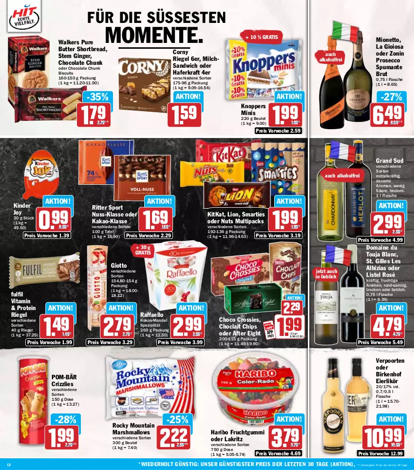 Aktueller Prospekt Hit - Wochenprospekt - von 21.07 bis 26.07.2025 - strona 12 - produkty: after eight, alkohol, beutel, brut, butter, chips, choclait chips, choco crossies, cola, corny, crossies, ecco, eier, eierlikör, eis, ente, flasche, frucht, fruchtgummi, gin, ginger, giotto, grand sud, hafer, haribo, kakao, Kinder, kitkat, knoppers, kokos, kraft, La Gioiosa, Lakritz, likör, lion, mandel, mars, milch, mionetto, nuss, oder lakritz, pom-bär, prosecco, puma, raffaello, reis, riegel, ritter, ritter sport, sandwich, smarties, Spezi, Sport, spumante, Ti, verpoorten, vita, zonin, ZTE