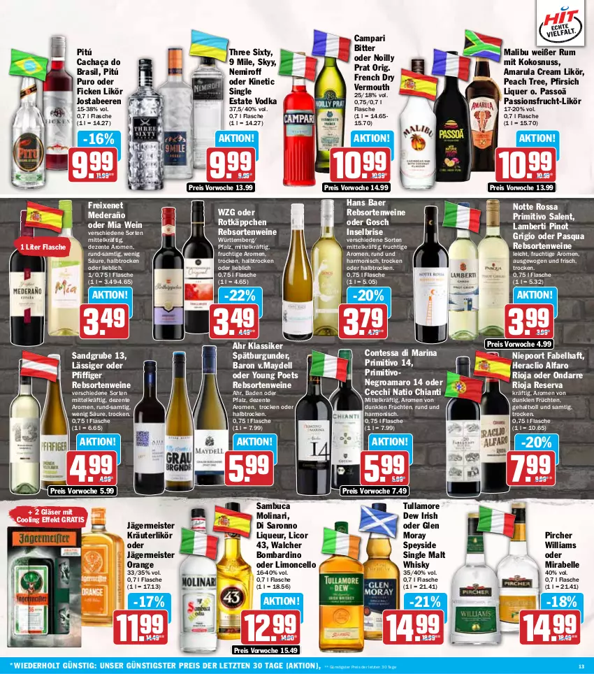 Aktueller Prospekt Hit - Wochenprospekt - von 21.07 bis 26.07.2025 - strona 13 - produkty: amaro, amarula, Amber, Bad, beere, beeren, burgunder, cachaça, campari, chia, chianti, dell, eis, elle, ente, flasche, freixenet, frucht, früchte, früchten, Germ, Gläser, jägermeister, kokos, kokosnuss, kräuter, kräuterlikör, licor, licor 43, likör, limo, liqueur, Malibu, Meister, Molinari, nuss, orange, passionsfrucht, passo, pfirsich, Pinot, pinot grigio, pircher, primitivo, rebsortenweine, reis, rioja, rotkäppchen, rum, sambuca, saro, single malt, skyy, spätburgunder, Three Sixty, Ti, tullamore, tullamore dew, Vermouth, vodka, wein, weine, whisky, Yo, ZTE