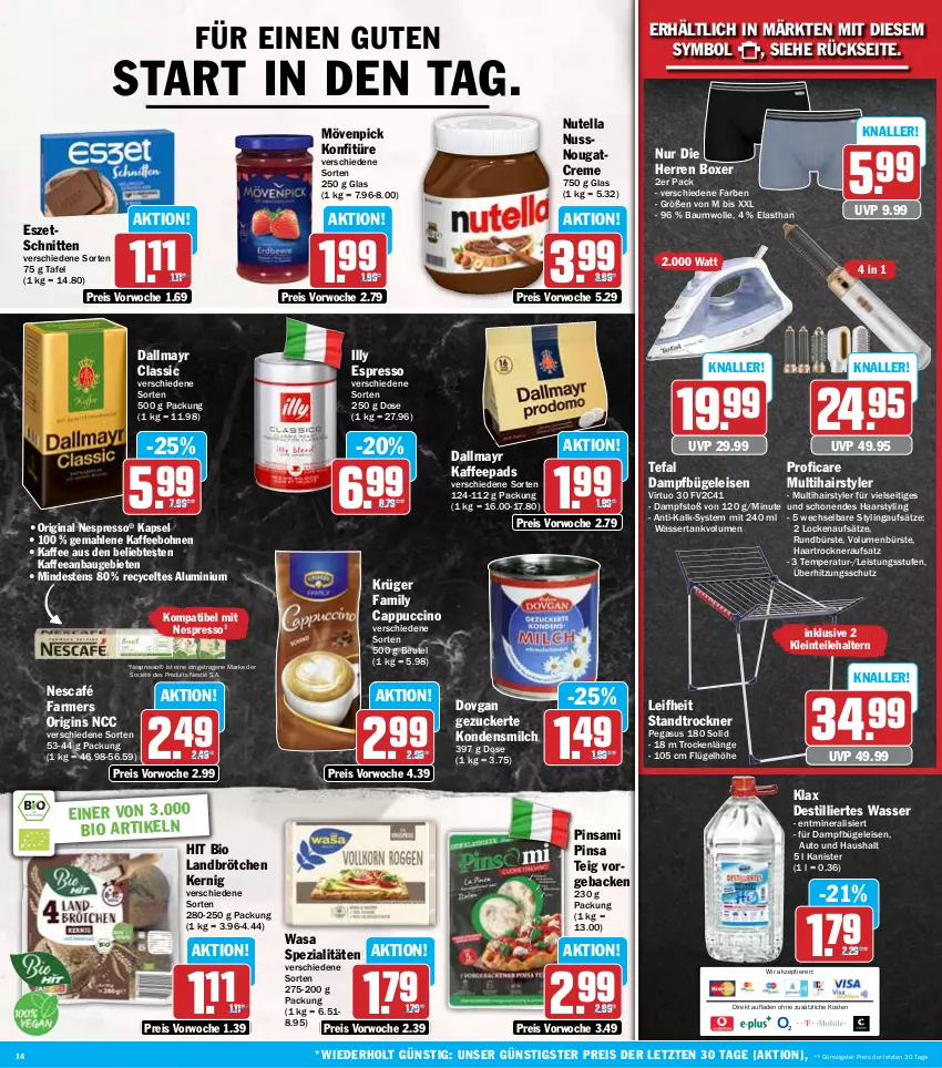 Aktueller Prospekt Hit - Wochenprospekt - von 21.07 bis 26.07.2025 - strona 14 - produkty: asus, auto, Bau, baumwolle, beutel, bio, bohne, bohnen, brötchen, bügel, Bügeleisen, bürste, Cap, cappuccino, cin, creme, dallmayr, dampfbügeleisen, dovgan, eis, espresso, geback, gin, haartrockner, kaffee, kaffeebohnen, kaffeepads, kondensmilch, konfitüre, krüger, leifheit, milch, mövenpick, Nescafé, nespresso, nestlé, Nougatcreme, nuss, nutella, reis, Rundbürste, schnitten, Spezi, tefal, Ti, Tiere, Trockner, überhitzungsschutz, wasa, wasser, wassertank, wolle, ZTE, zucker
