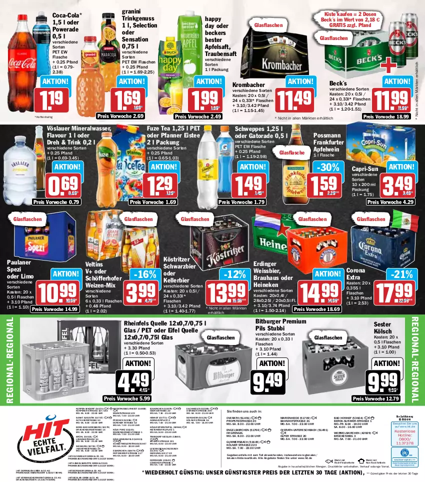 Aktueller Prospekt Hit - Wochenprospekt - von 21.07 bis 26.07.2025 - strona 18 - produkty: Alwa, angebot, angebote, apfel, apfelsaft, apfelwein, auer, Bad, Beckers Bester, bier, bio, bitburger, braun, burger, Cap, capri-sun, coca-cola, cola, corona, eimer, eis, eistee, elle, Engel, erdinger, fisch, flasche, frankfurter, Frankfurter Apfelwein, fuze tea, glasflasche, granini, Happy Day, heineken, kellerbier, köstritzer, krombache, krombacher, limo, Lübecker, mineralwasser, nuss, Paula, paulaner, pfanne, Pfanner, pils, premium pils, Rauch, reis, rheinfels quelle, saft, schöfferhofer, schweppes, Spezi, tee, Ti, trauben, Traubensaft, uhr, veltins, vöslauer, wasser, wein, weissbier, ZTE