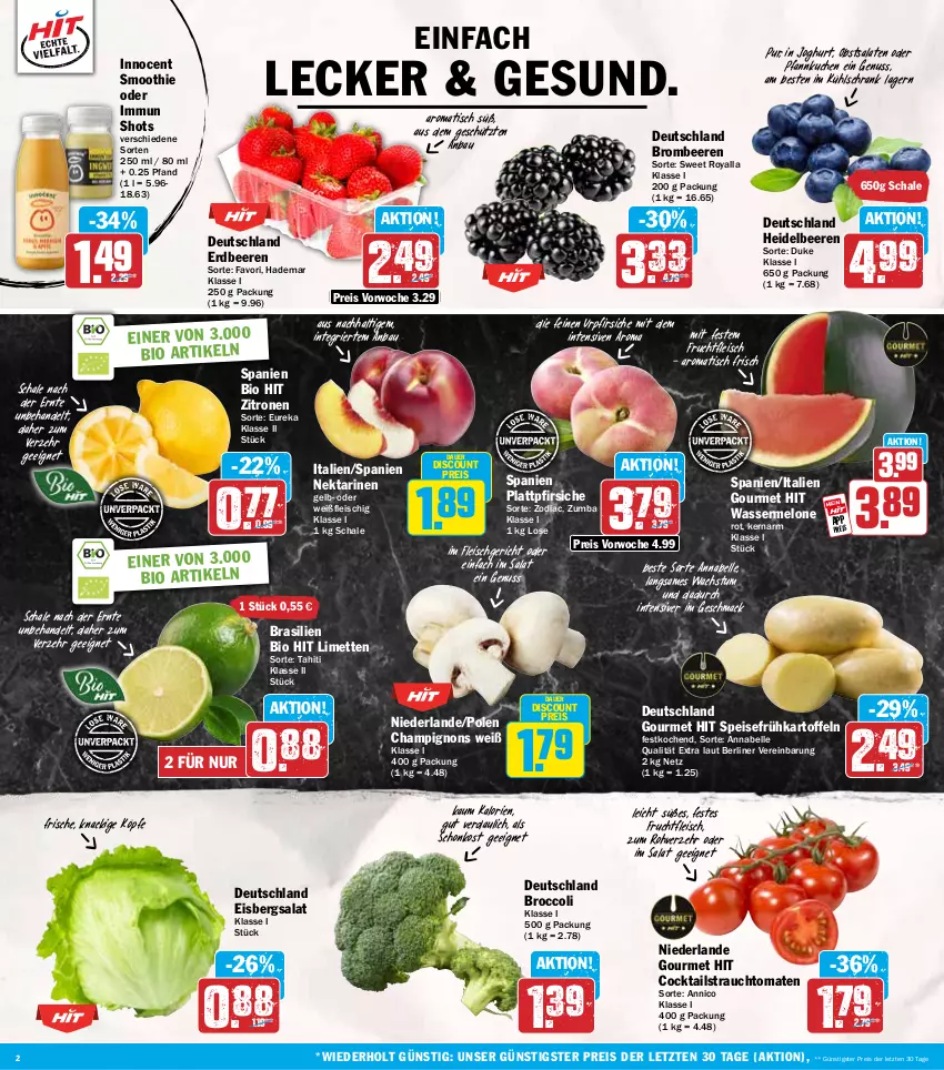 Aktueller Prospekt Hit - Wochenprospekt - von 21.07 bis 26.07.2025 - strona 2 - produkty: auer, Bau, beere, beeren, berliner, bio, bio hit, broccoli, brombeere, brombeeren, champignon, champignons, cocktail, cocktails, discount, eis, eisbergsalat, elle, erdbeere, erdbeeren, fleisch, frucht, fruchtfleisch, Frühkartoffeln, heidelbeere, heidelbeeren, Innocent, joghur, joghurt, kartoffel, kartoffeln, kuchen, kühlschrank, limette, limetten, mac, melone, Mett, metten, Nektar, nektarinen, nuss, obst, Pfannkuchen, pfirsich, pfirsiche, plattpfirsiche, Rauch, reis, salat, salate, Schal, Schale, Schrank, smoothie, speisefrühkartoffeln, strauchtomaten, Ti, tisch, tomate, tomaten, wasser, wassermelone, zitrone, zitronen, ZTE